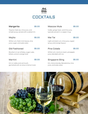 premium  Template: Menu Bar De Coquetéis Com Foto Simples Branco E Azul