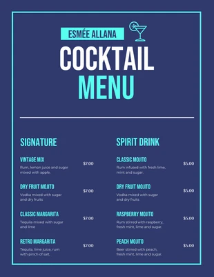 premium  Template: Menu do bar de coquetéis moderno da Marinha