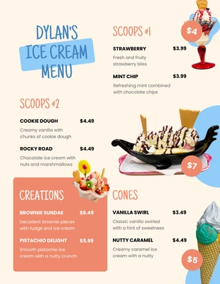 Free  Template: Coloridos menús de helados azules y naranjas