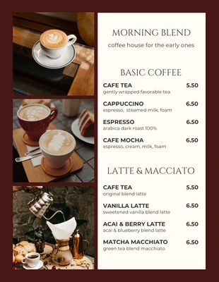 Free  Template: Menú de desayuno de café estético moderno marrón oscuro y beige