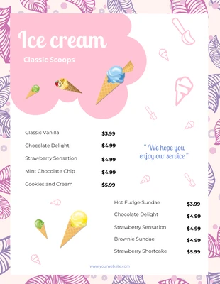 Free  Template: Menú Helado Sencillo Rosa Blanco