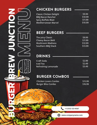 premium  Template: Menú De Hamburguesas De Ilustración Moderna En Negro Y Rojo