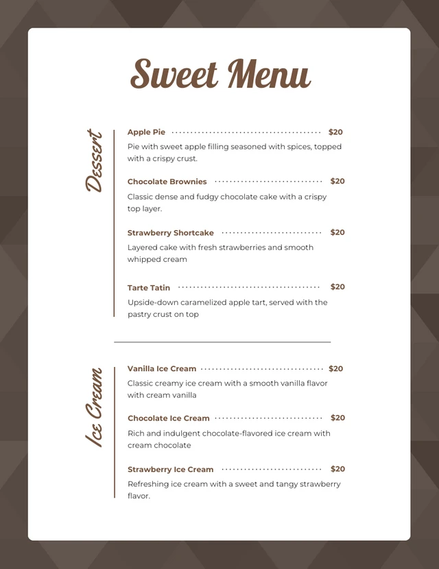 Menú de postres geométricos minimalistas de color marrón oscuro Template Plantilla para menú de postres geométricos minimalistas de color marrón oscuro