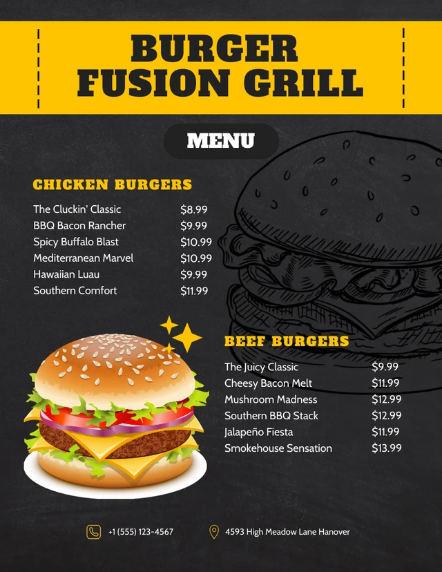 Menu de hambúrguer com textura moderna preta e amarela Template Modelo de menu de hambúrguer com textura moderna preta e amarela
