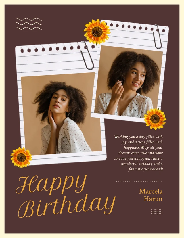 Collage de fotos de feliz cumpleaños estético moderno de color amarillo claro y marrón oscuro Póster Template Plantilla de póster - collage de fotos de feliz cumpleaños, estético moderno, amarillo claro y marrón oscuro
